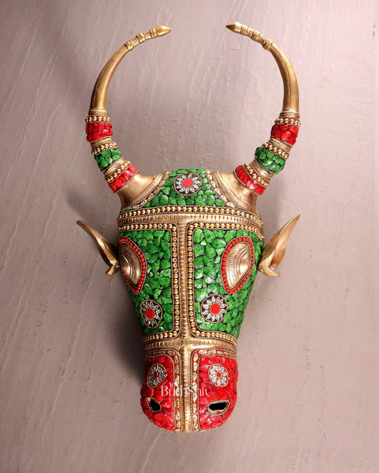 Pure Brass bull Face Wall Hanging with Meenakari Stonework – 18.5” | 5.5 kg - Budhshiv.com