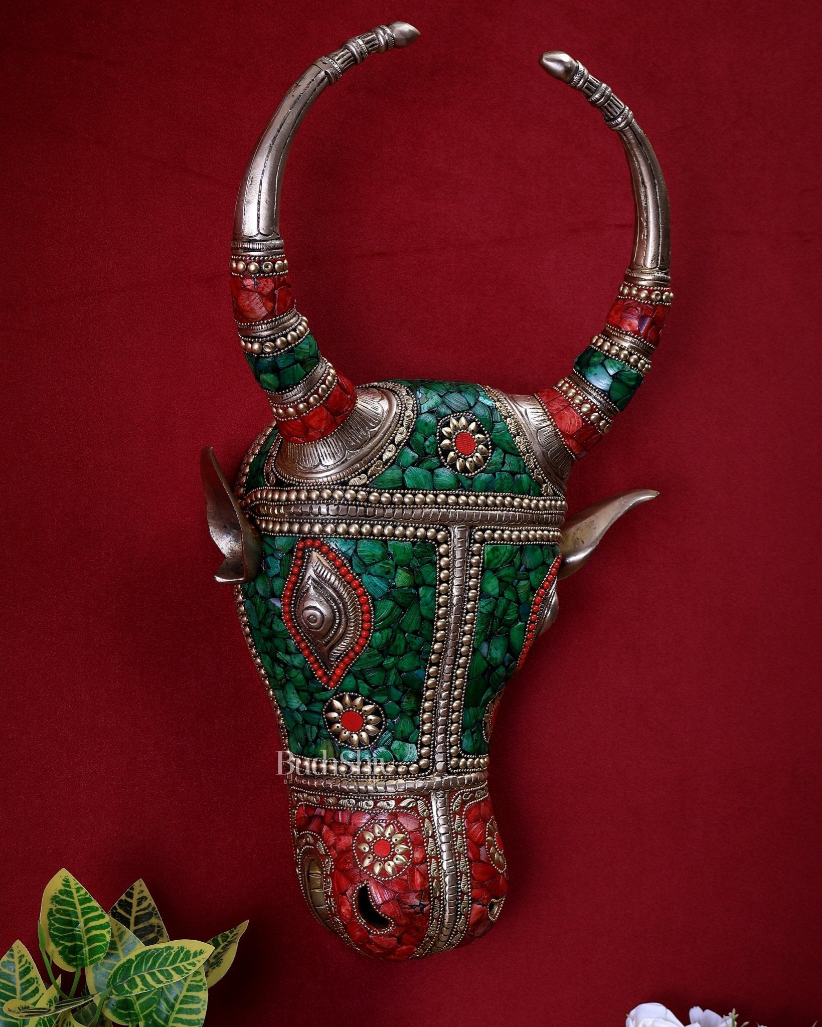 Pure Brass bull Face Wall Hanging with unique Stonework – 18.5” - Budhshiv.com