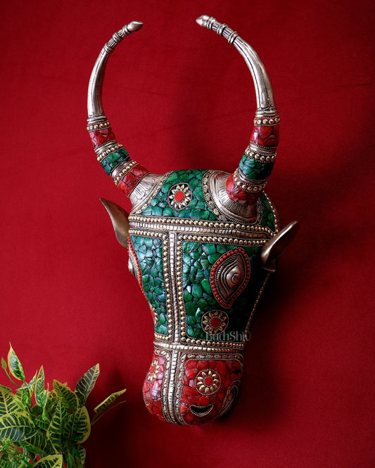 Pure Brass bull Face Wall Hanging with unique Stonework – 18.5” - Budhshiv.com