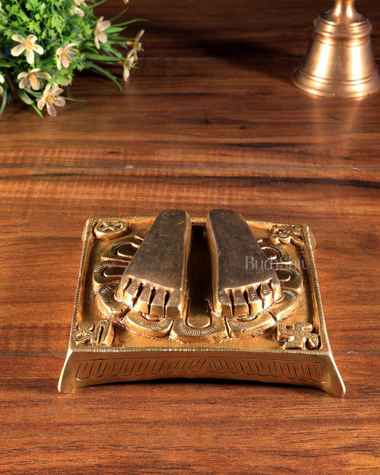Pure Brass Charan Paduka with Divine Symbols for Pooja Rooms and Home Temples - Budhshiv.com