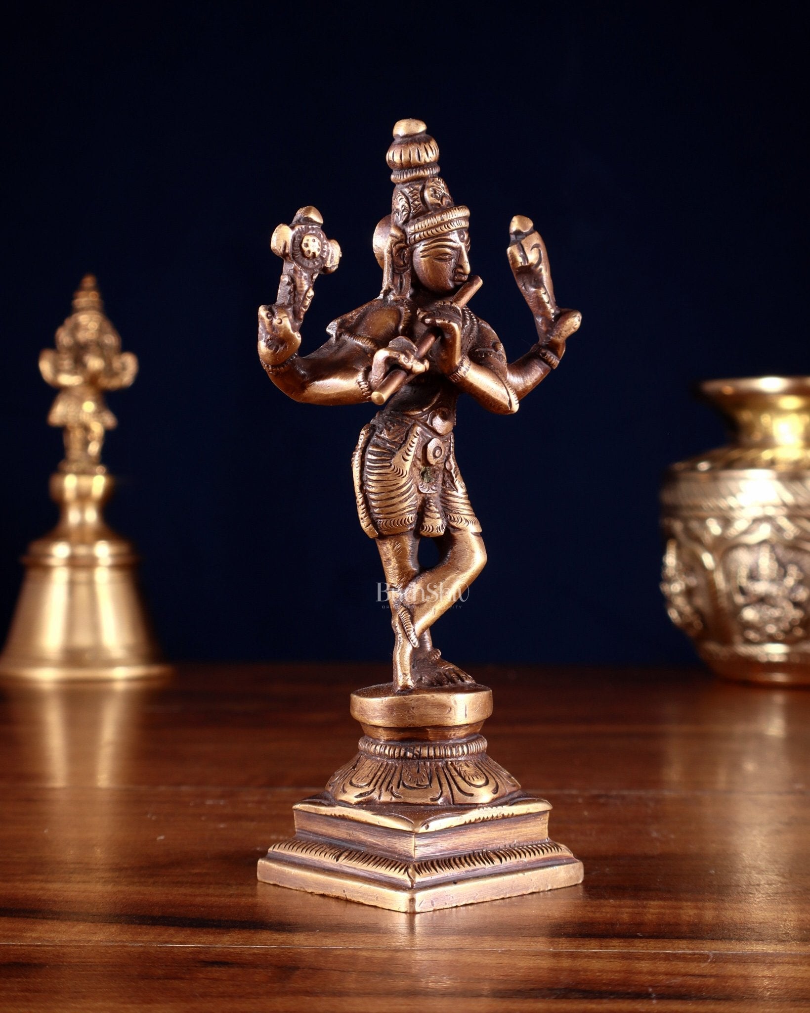 Pure Brass Charbhuja 6(Vishnu Roopam) Idol 6" Antique finish - Budhshiv.com