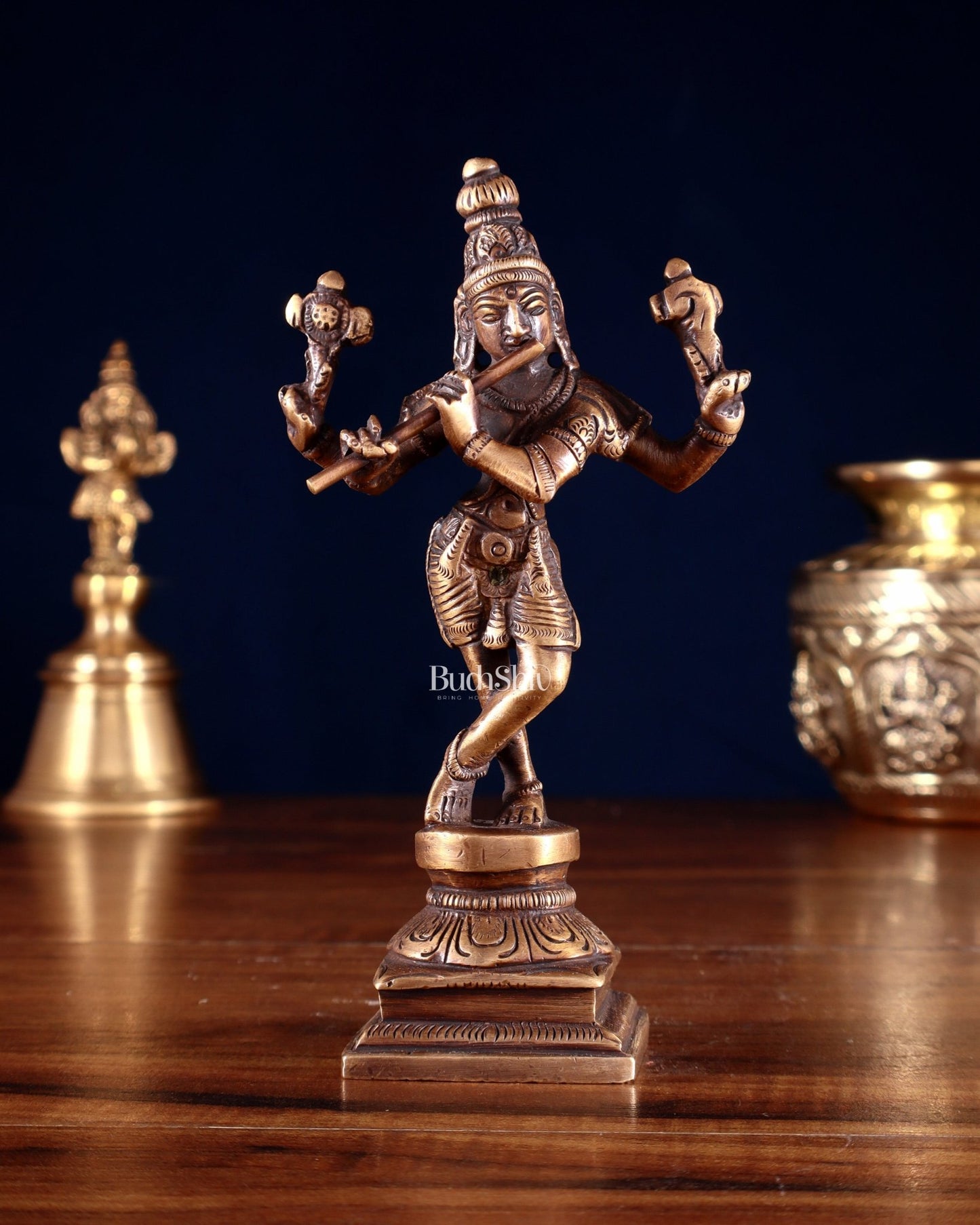 Pure Brass Charbhuja 6(Vishnu Roopam) Idol 6" Antique finish - Budhshiv.com