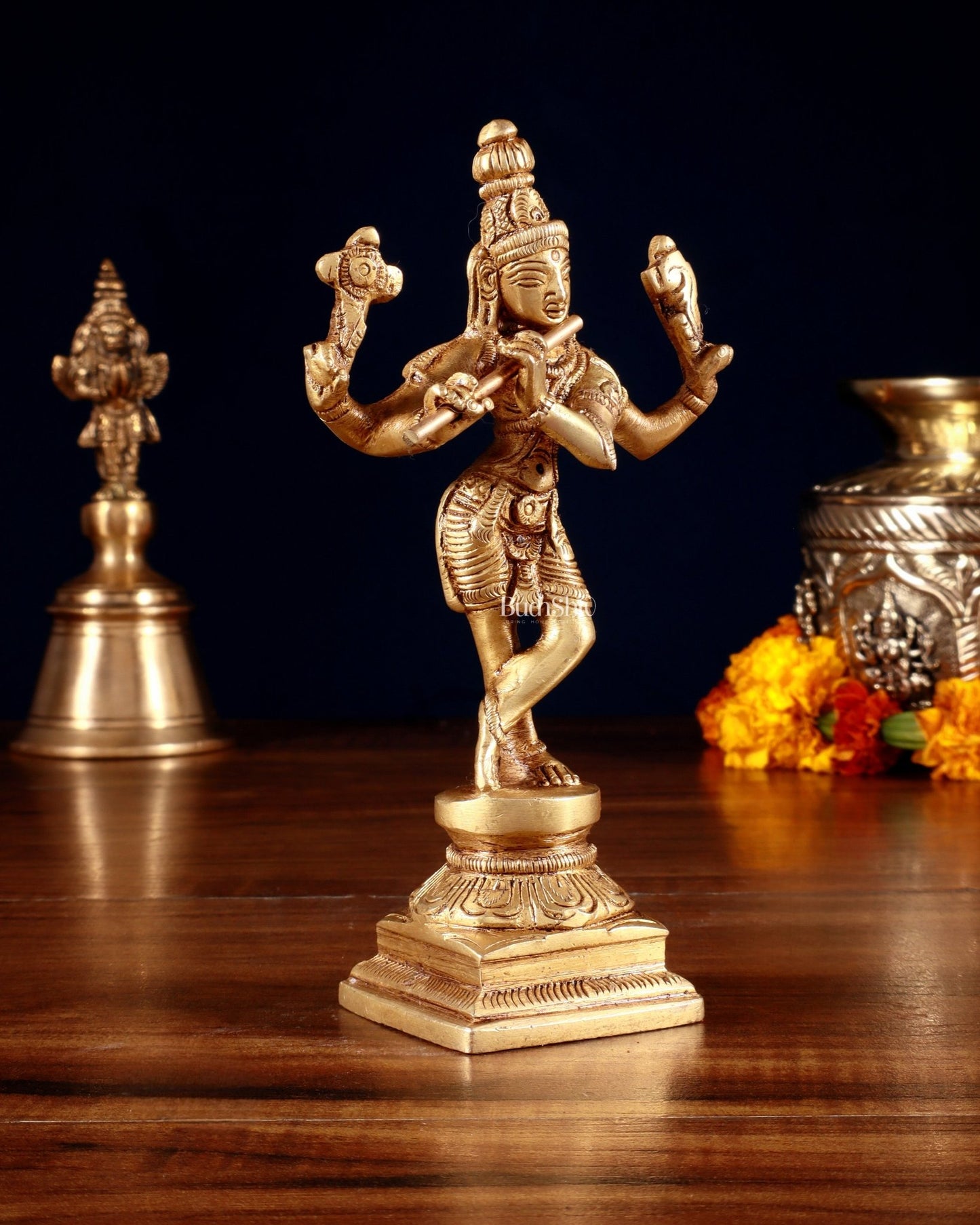 Pure Brass Charbhuja Krishna (Vishnu Roopam) Idol 6" - Budhshiv.com