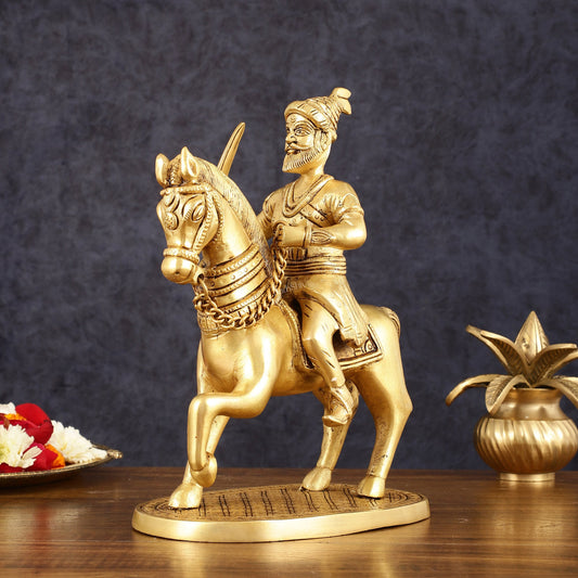 Pure Brass Chhatrapati Shivaji Maharaj Sitting on Horse Statue - 10.5" Height - Budhshiv.com