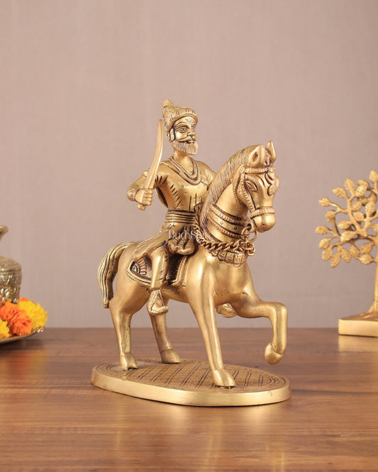 Pure Brass Chhatrapati Shivaji Maharaj Sitting on Horse Statue - 10.5" Height - Budhshiv.com