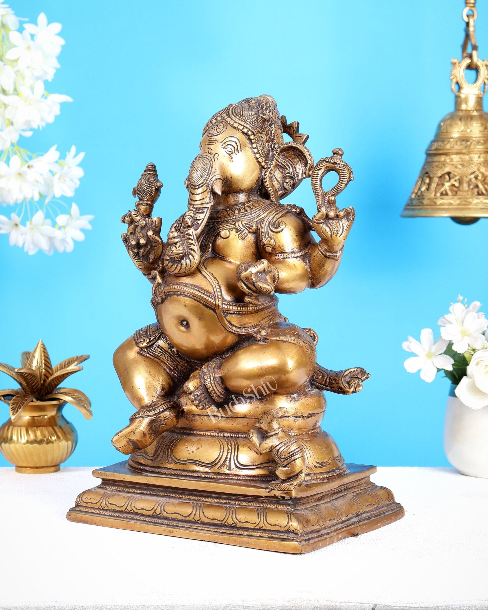 Pure Brass Chola Style Ganesha Statue in Antique Tone - 13" - Budhshiv.com