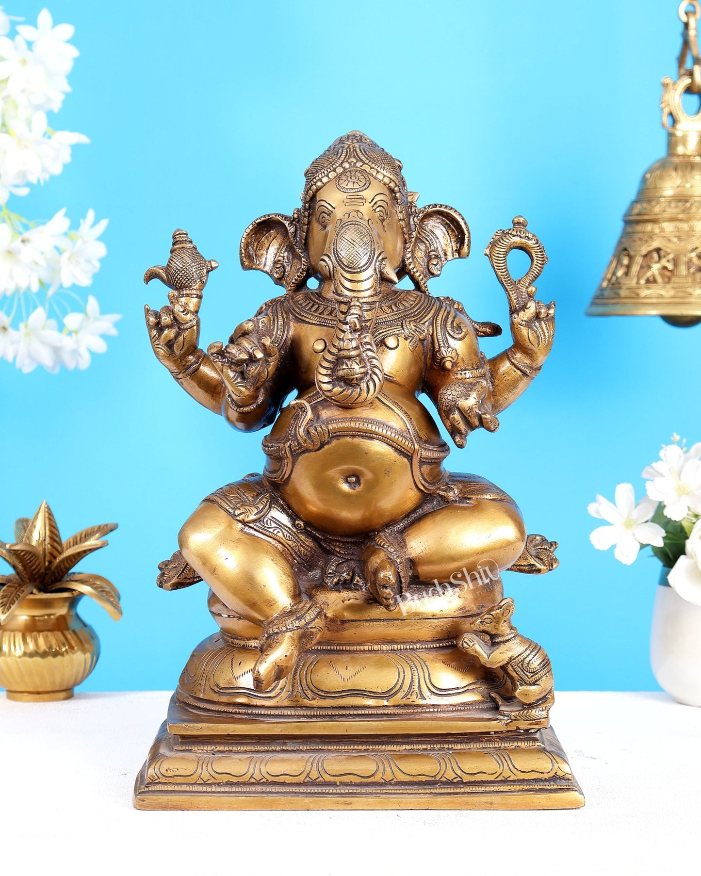 Pure Brass Chola Style Ganesha Statue in Antique Tone - 13" - Budhshiv.com