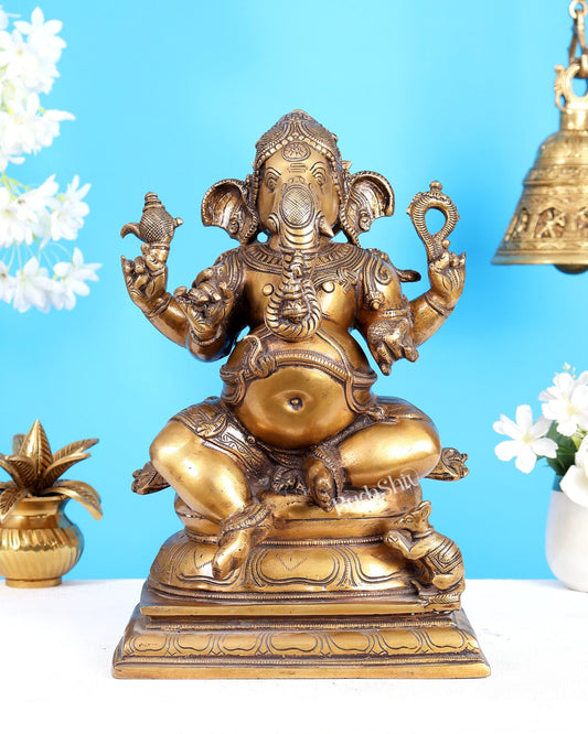 Pure Brass Chola Style Ganesha Statue in Antique Tone - 13" - Budhshiv.com