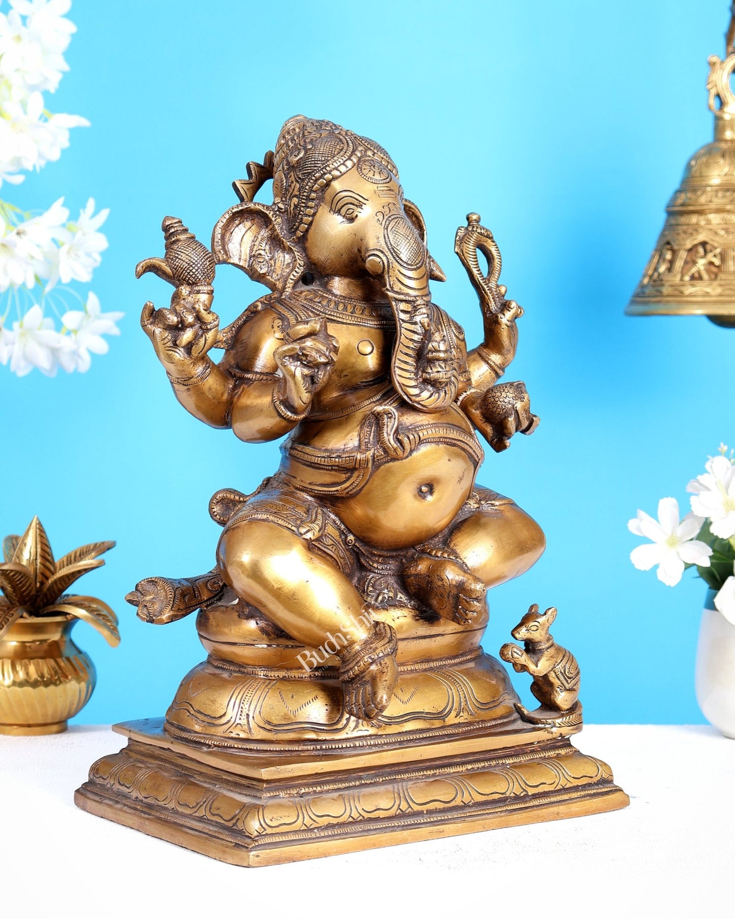 Pure Brass Chola Style Ganesha Statue in Antique Tone - 13" - Budhshiv.com
