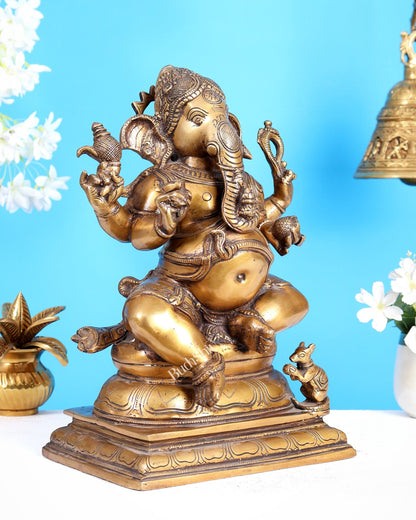 Pure Brass Chola Style Ganesha Statue in Antique Tone - 13" - Budhshiv.com