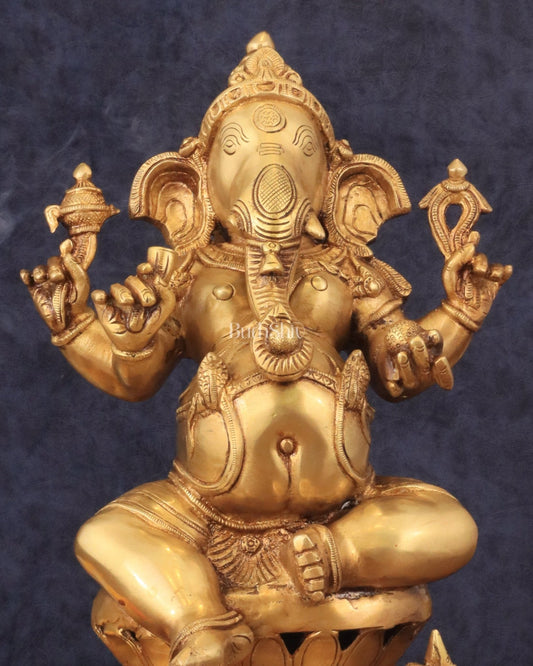 Pure Brass Chola Style Ganesha Statue in golden Tone - 13" - Budhshiv.com