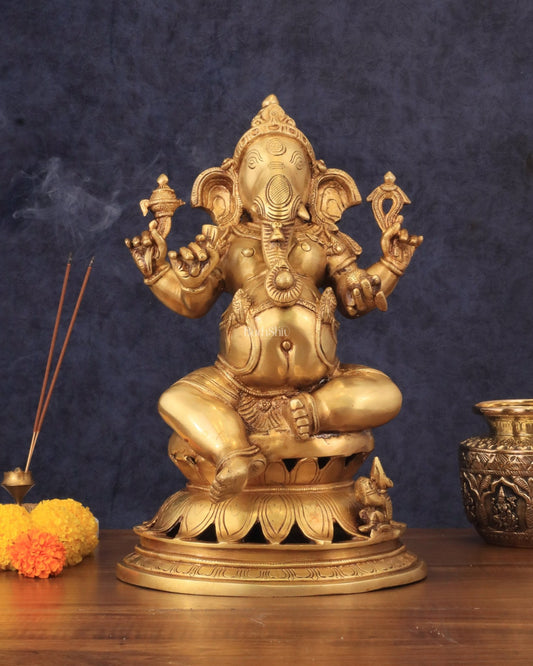 Pure Brass Chola Style Ganesha Statue in golden Tone - 13" - Budhshiv.com