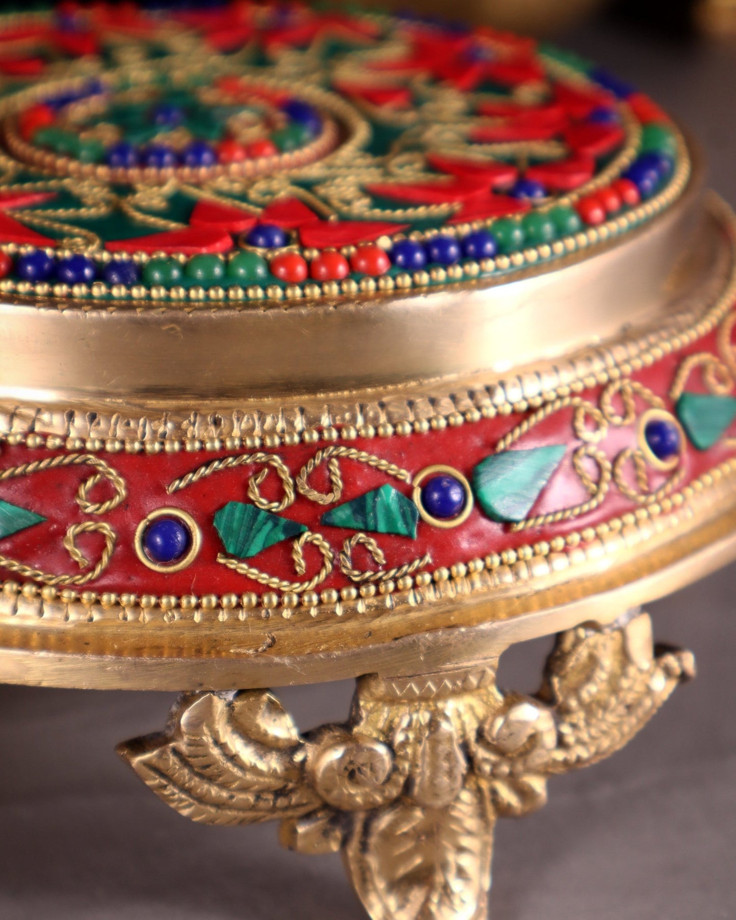 Pure Brass Chowki with Floral Stonework for Idols 7" - Budhshiv.com