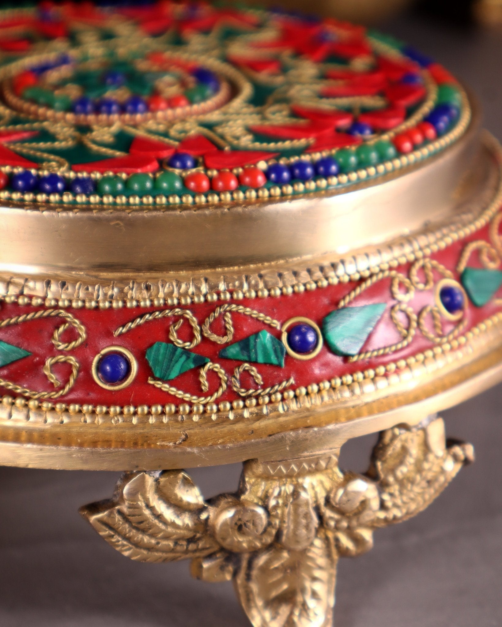 Pure Brass Chowki with Floral Stonework for Idols 7" - Budhshiv.com