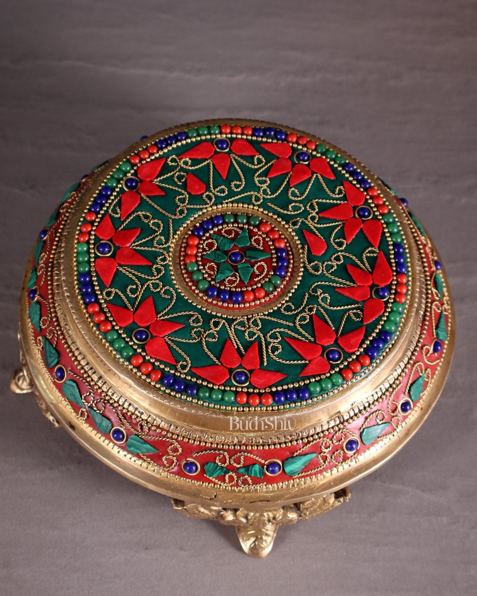Pure Brass Chowki with Floral Stonework for Idols 7" - Budhshiv.com