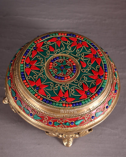 Pure Brass Chowki with Floral Stonework for Idols 7" - Budhshiv.com