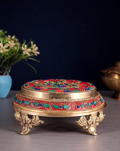Pure Brass Chowki with Floral Stonework for Idols 7" - Budhshiv.com