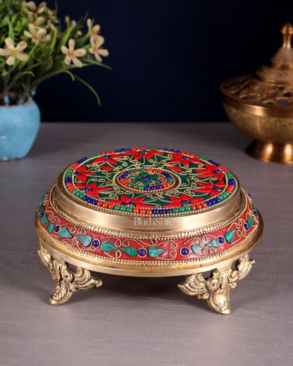 Pure Brass Chowki with Floral Stonework for Idols 7" - Budhshiv.com