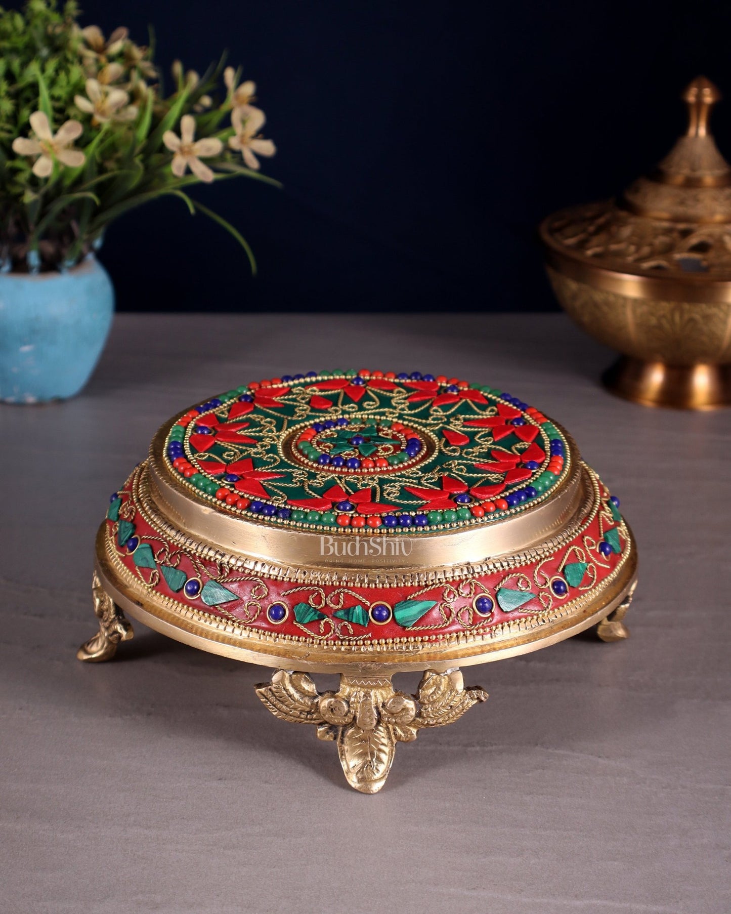 Pure Brass Chowki with Floral Stonework for Idols 7" - Budhshiv.com