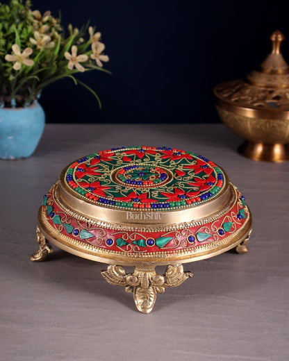 Pure Brass Chowki with Floral Stonework for Idols 7" - Budhshiv.com