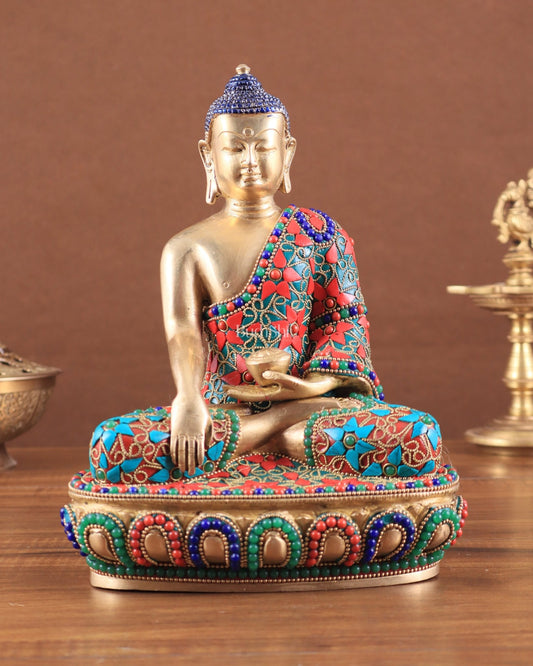 Pure Brass colourful Buddha Statue with Hand Down - 9.5" stonework - Budhshiv.com