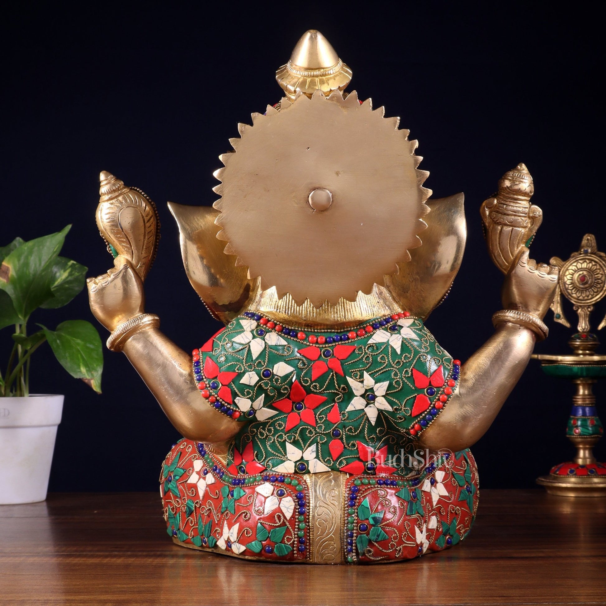 Pure Brass Crown Ganesha Statue – Sharp Features meenakari Stonework 13 inch - Budhshiv.com