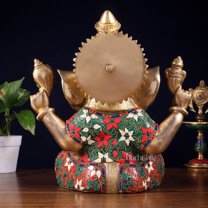 Pure Brass Crown Ganesha Statue – Sharp Features meenakari Stonework 13 inch - Budhshiv.com