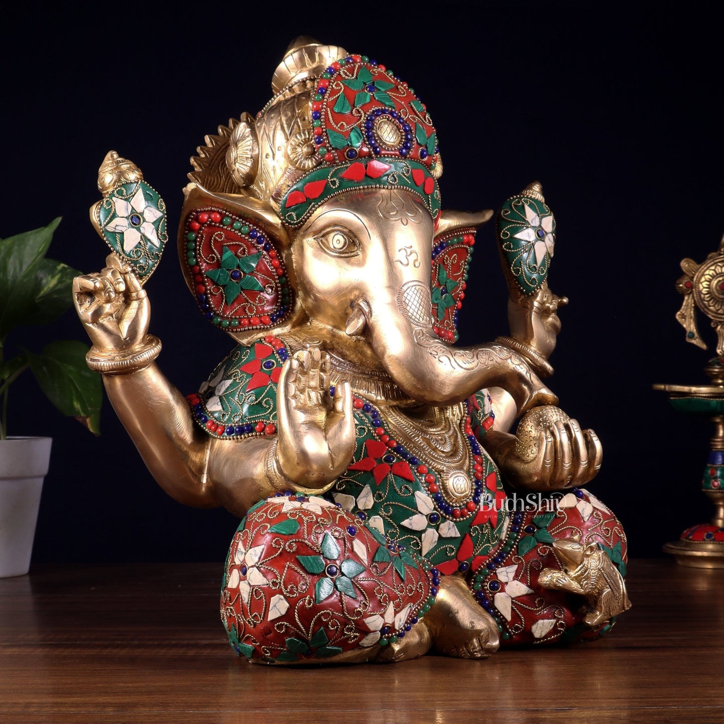 Pure Brass Crown Ganesha Statue – Sharp Features meenakari Stonework 13 inch - Budhshiv.com