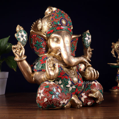 Pure Brass Crown Ganesha Statue – Sharp Features meenakari Stonework 13 inch - Budhshiv.com
