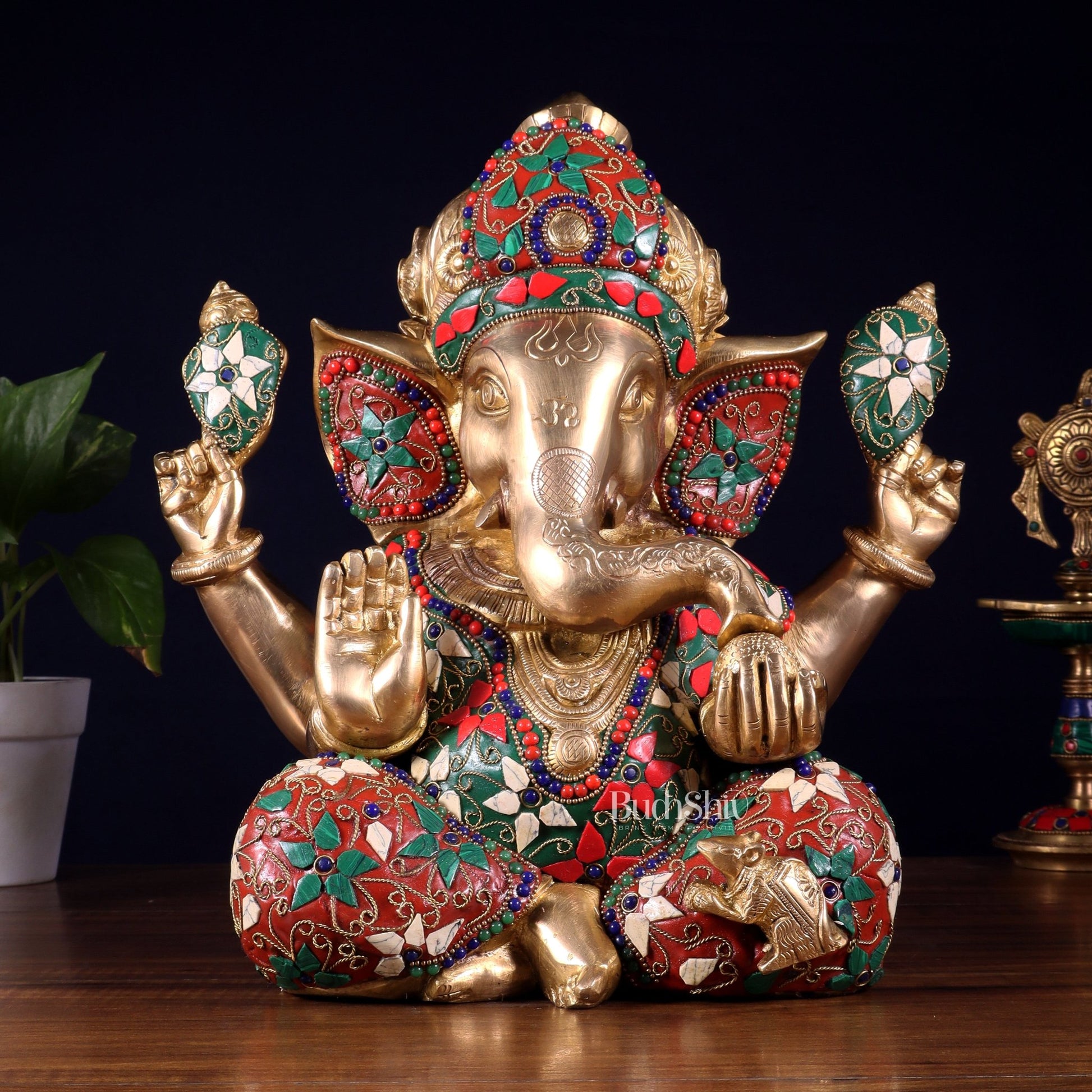 Pure Brass Crown Ganesha Statue – Sharp Features meenakari Stonework 13 inch - Budhshiv.com