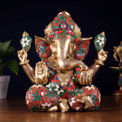 Pure Brass Crown Ganesha Statue – Sharp Features meenakari Stonework 13 inch - Budhshiv.com