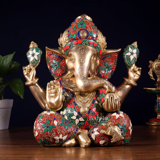 Pure Brass Crown Ganesha Statue – Sharp Features meenakari Stonework 13 inch - Budhshiv.com