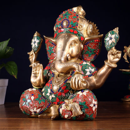 Pure Brass Crown Ganesha Statue – Sharp Features meenakari Stonework 13 inch - Budhshiv.com