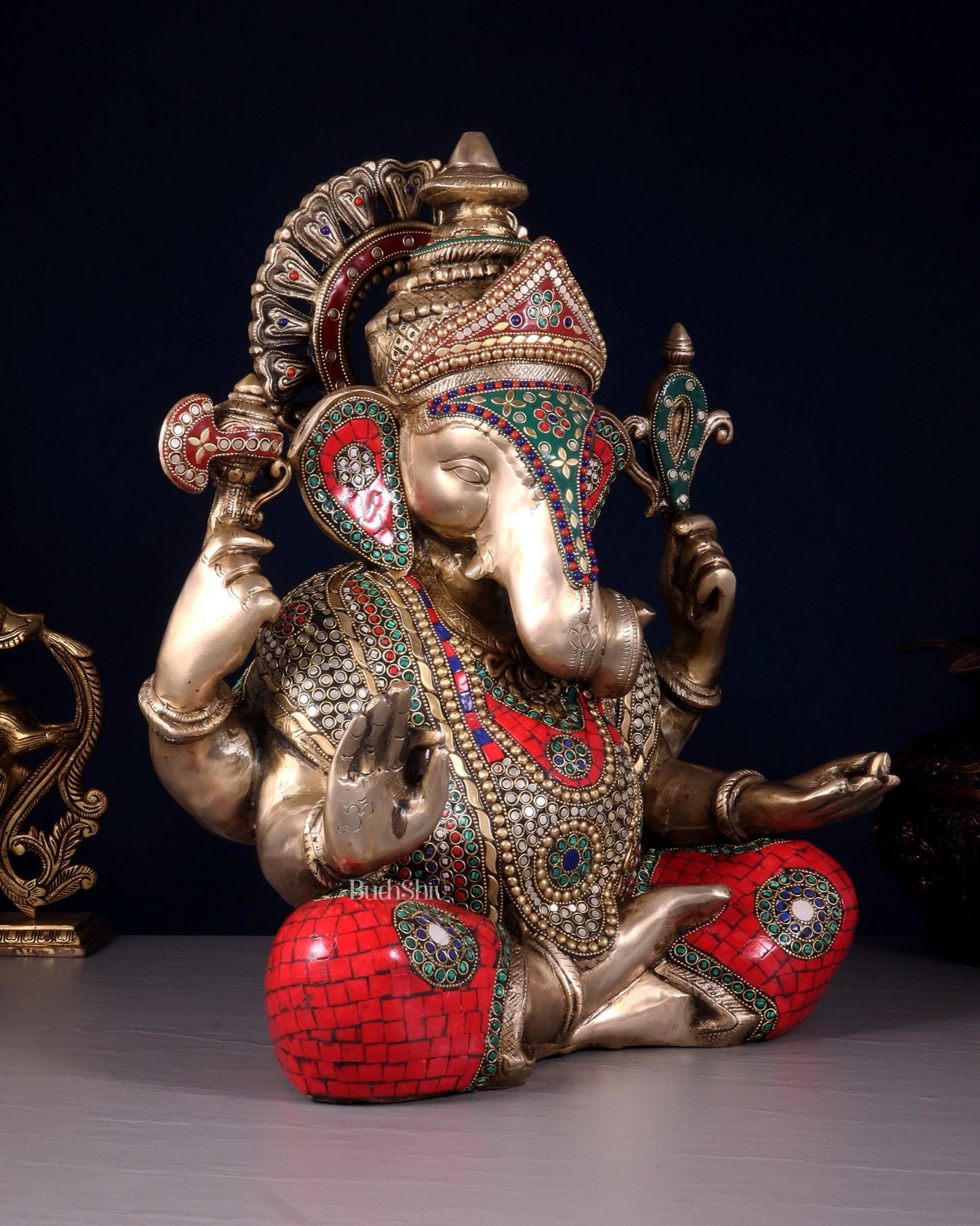 Pure Brass Dagduseth Ganapati in Saadhna – ring stones Meenakari Stonework 18" - Budhshiv.com