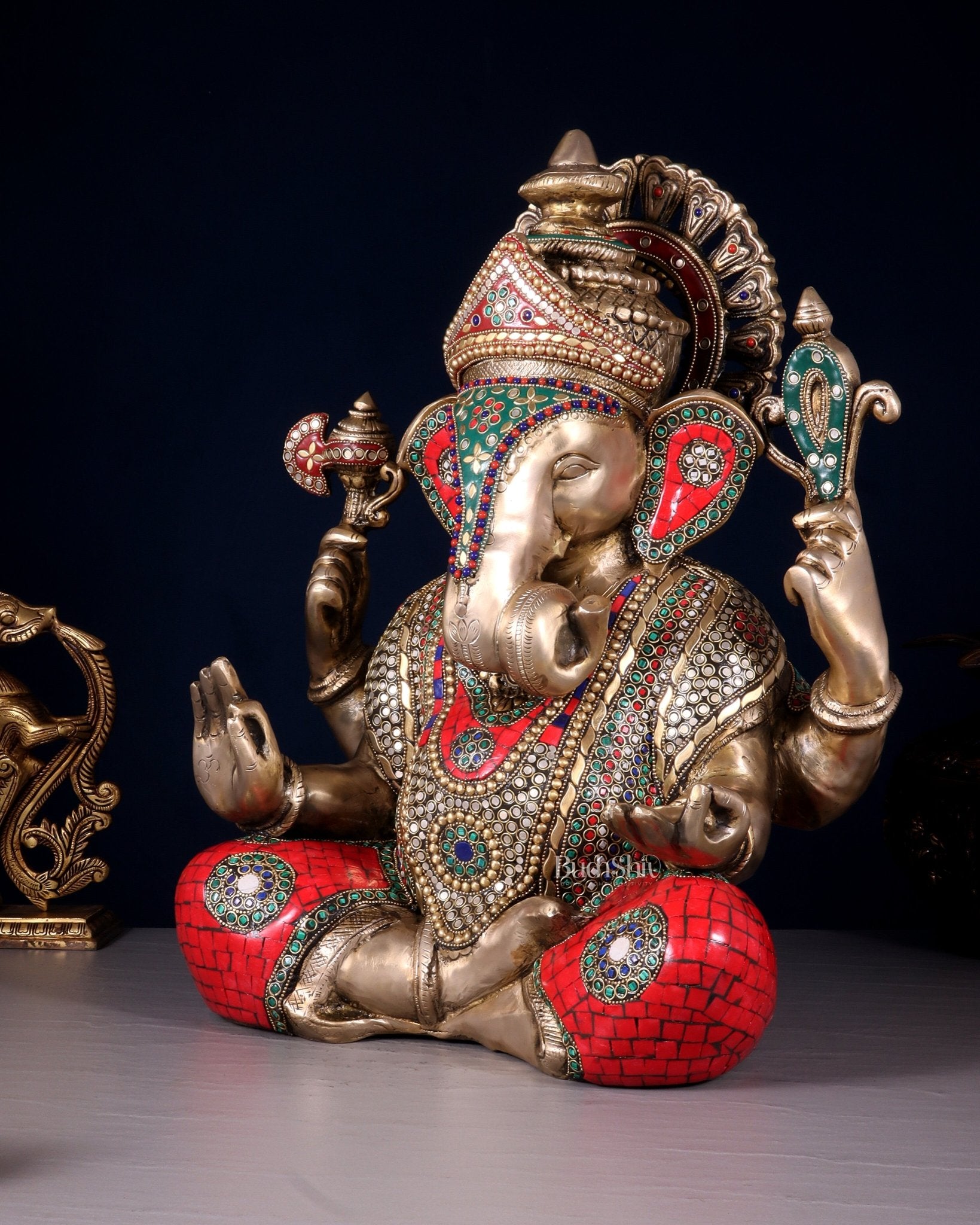 Pure Brass Dagduseth Ganapati in Saadhna – ring stones Meenakari Stonework 18" - Budhshiv.com