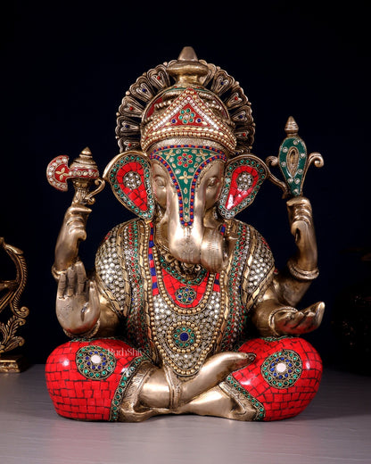 Pure Brass Dagduseth Ganapati in Saadhna – ring stones Meenakari Stonework 18" - Budhshiv.com