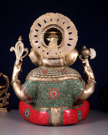 Pure Brass Dagduseth Ganapati in Saadhna – ring stones Meenakari Stonework 18" - Budhshiv.com