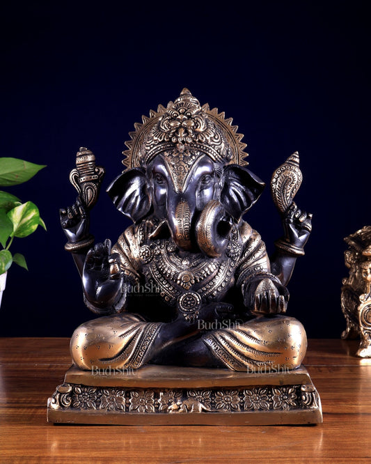 Pure Brass Dagdusheth Ganapati – Heat Treated Black & Gold Finish 12 inch - Budhshiv.com
