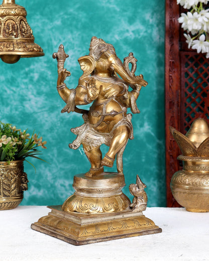 Pure Brass Dancing Ganesha (Nritya Ganapati) Statue – 12.5 inch dual tone - Budhshiv.com