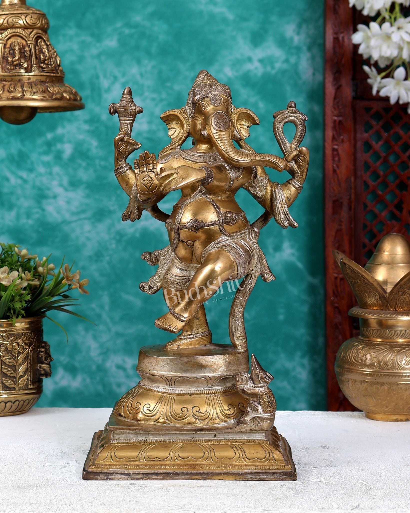 Pure Brass Dancing Ganesha (Nritya Ganapati) Statue – 12.5 inch dual tone - Budhshiv.com