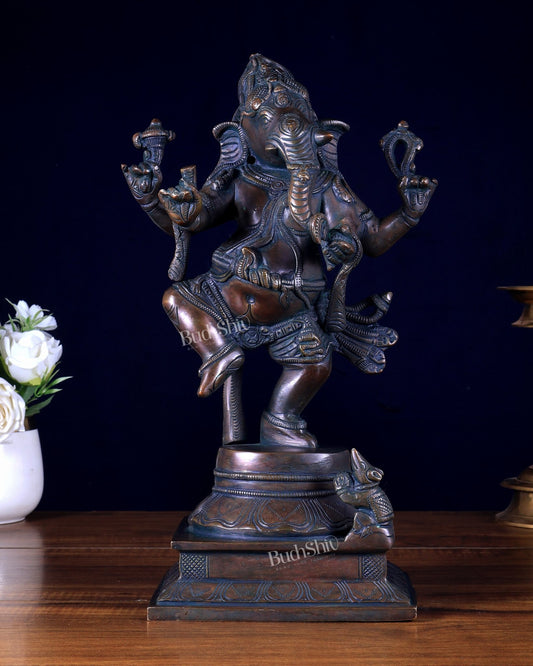 Pure Brass Dancing Ganesha Statue bronze tone 13 inch - Budhshiv.com