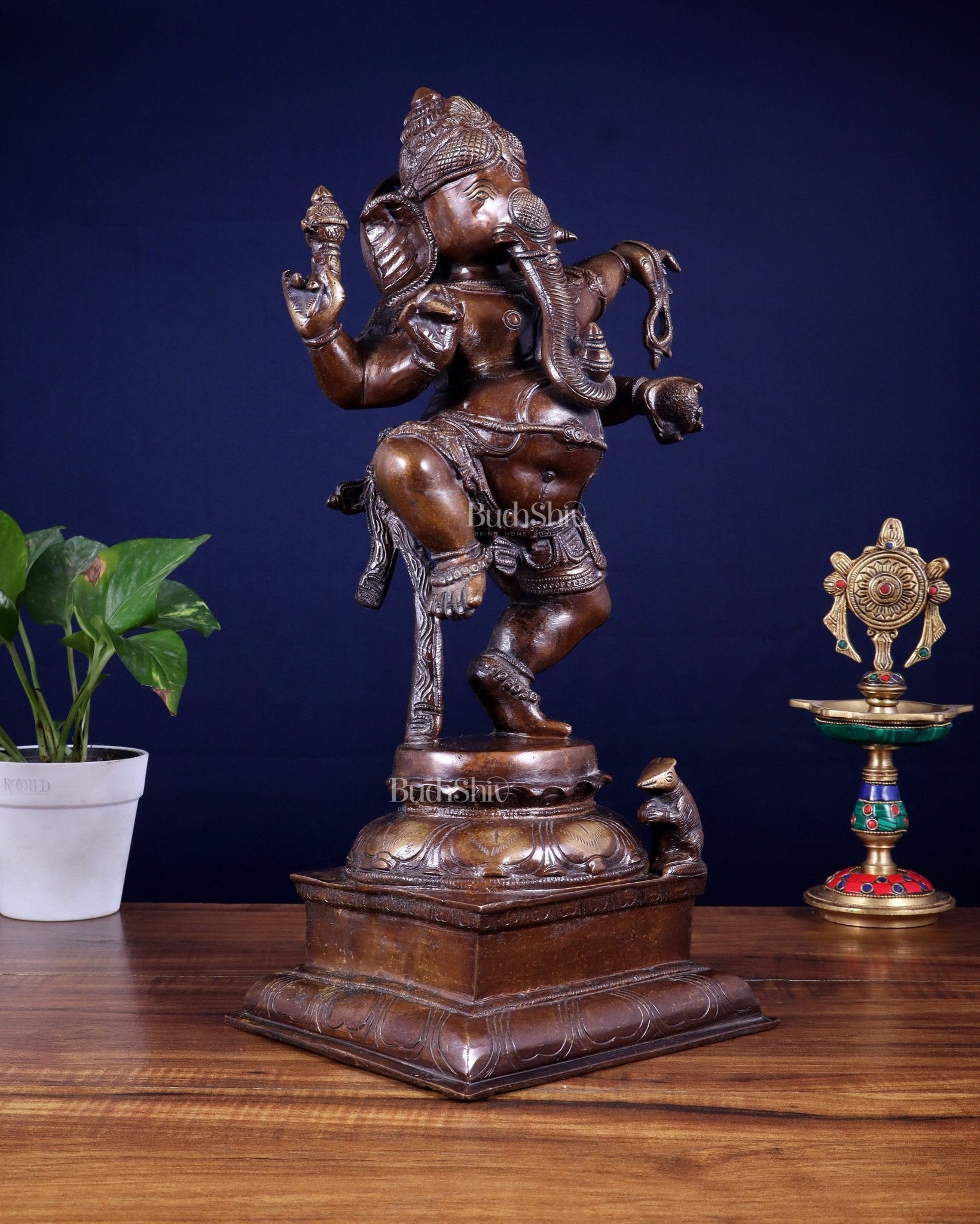 Pure Brass Dancing Ganesha Statue – Brown Tone Finish 16 inch - Budhshiv.com