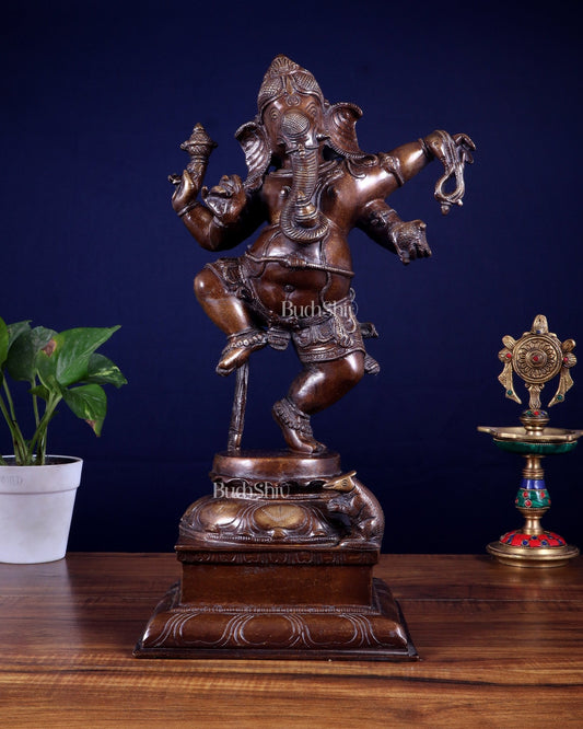 Pure Brass Dancing Ganesha Statue – Brown Tone Finish 16 inch - Budhshiv.com