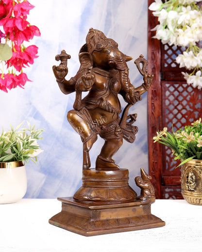 Pure Brass Dancing Ganesha Statue chola bronze tone 13 inch - Budhshiv.com