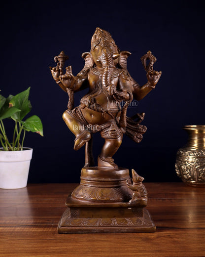 Pure Brass Dancing Ganesha Statue Chola bronze tone 13 inch - Budhshiv.com