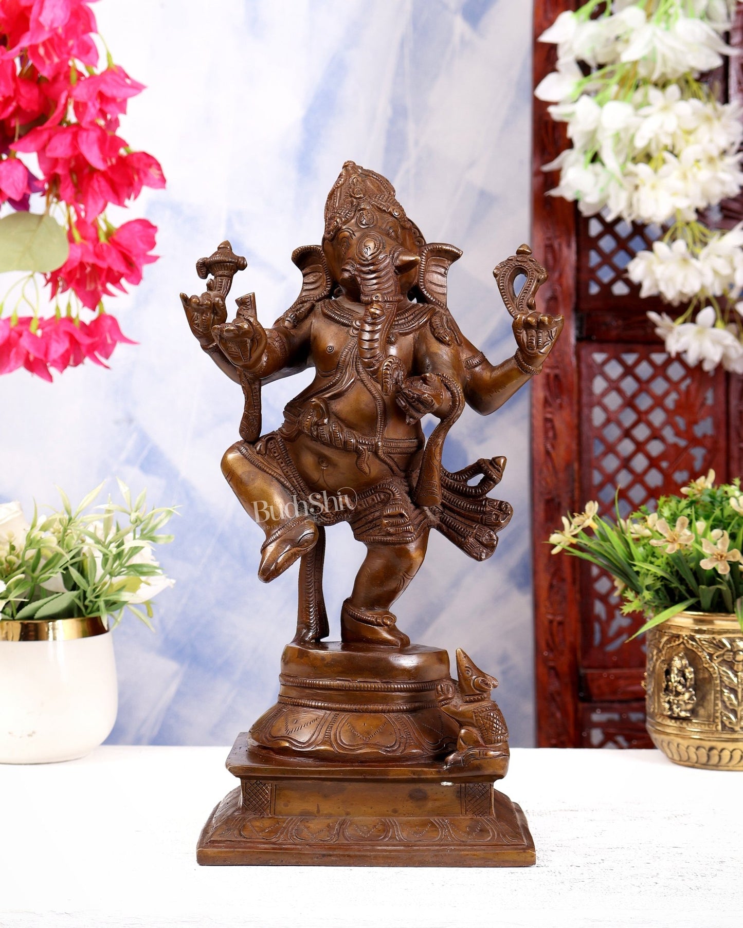 Pure Brass Dancing Ganesha Statue chola bronze tone 13 inch - Budhshiv.com