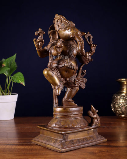 Pure Brass Dancing Ganesha Statue Chola bronze tone 13 inch - Budhshiv.com