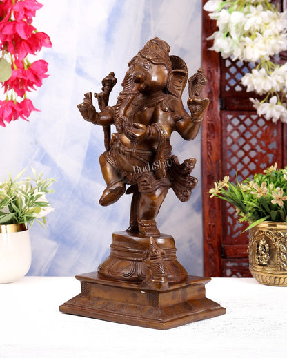 Pure Brass Dancing Ganesha Statue chola bronze tone 13 inch - Budhshiv.com