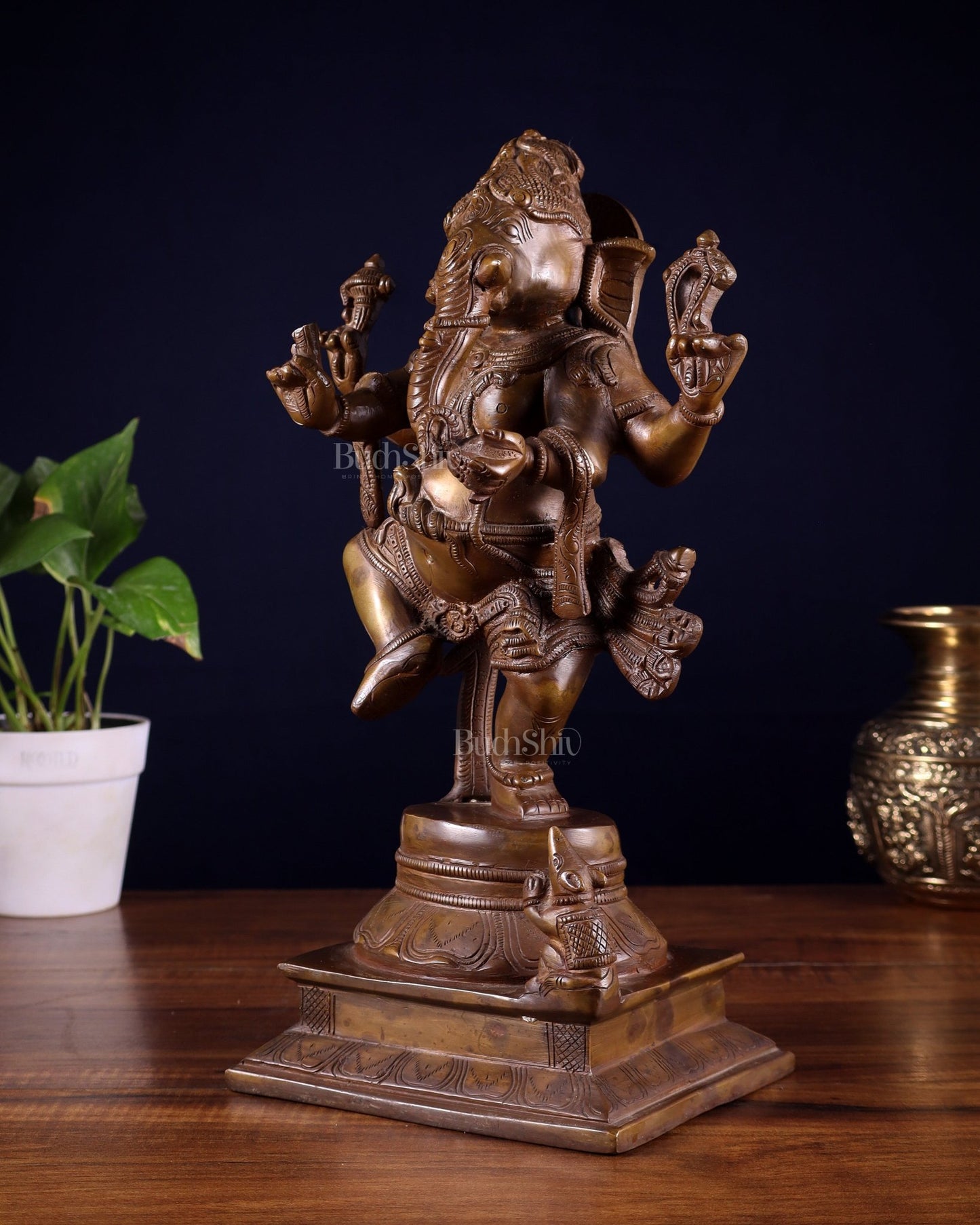 Pure Brass Dancing Ganesha Statue Chola bronze tone 13 inch - Budhshiv.com