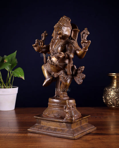 Pure Brass Dancing Ganesha Statue Chola bronze tone 13 inch - Budhshiv.com
